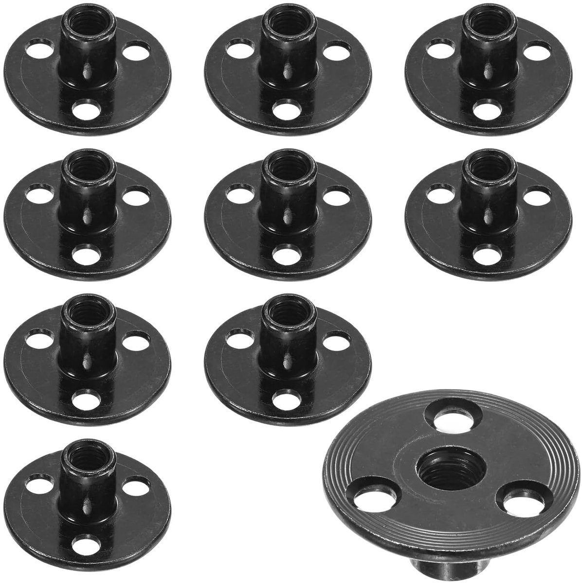 10 stuks M8 x 17 mm T-groeven, verzinkt, koolstofstaal, 3 gaten, ronde basis, lamoeren, doorgaand gat, hardware, meubels, flens, schroefdraad, vrouwelijk, zwart