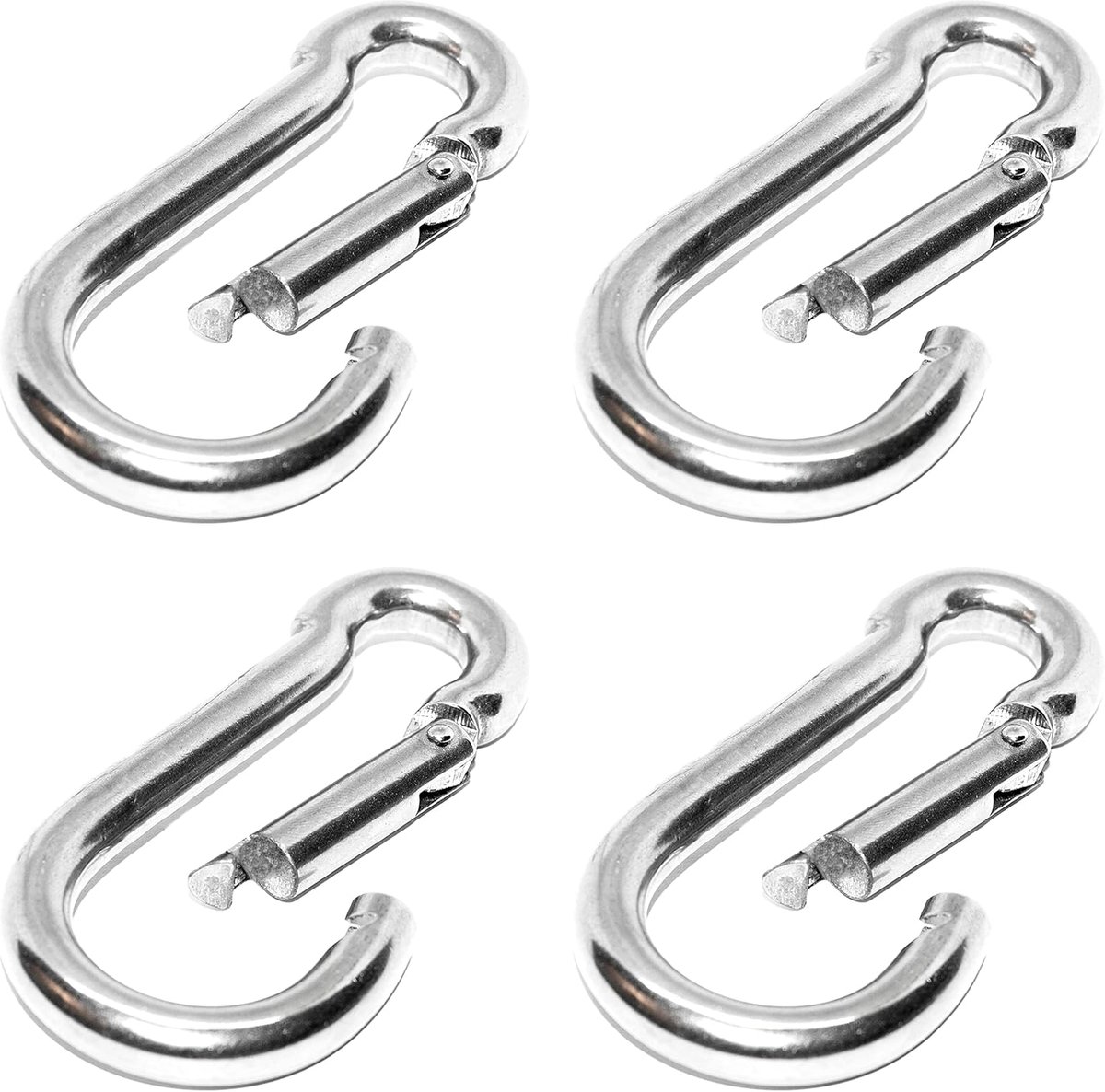 Karabijnhaak, standaard, kettingschakel, 6 x 60 mm x 4 stuks, verbindingsschakel met kliksluiting, ronde karabijnhaak, connector, bevestiging, hangstoel, bokszak, roestvrij staal, V4A
