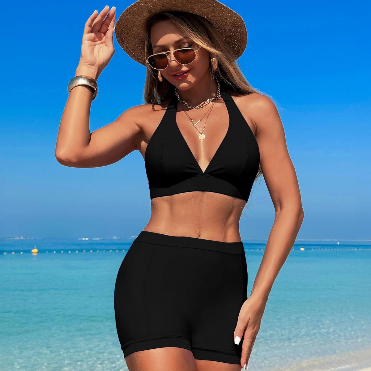 Bikini voor dames, hoge taille, V-hals, hoge taille, buikcontrole, tweedelige badmode, shorts, bikinibroek, badpakken
