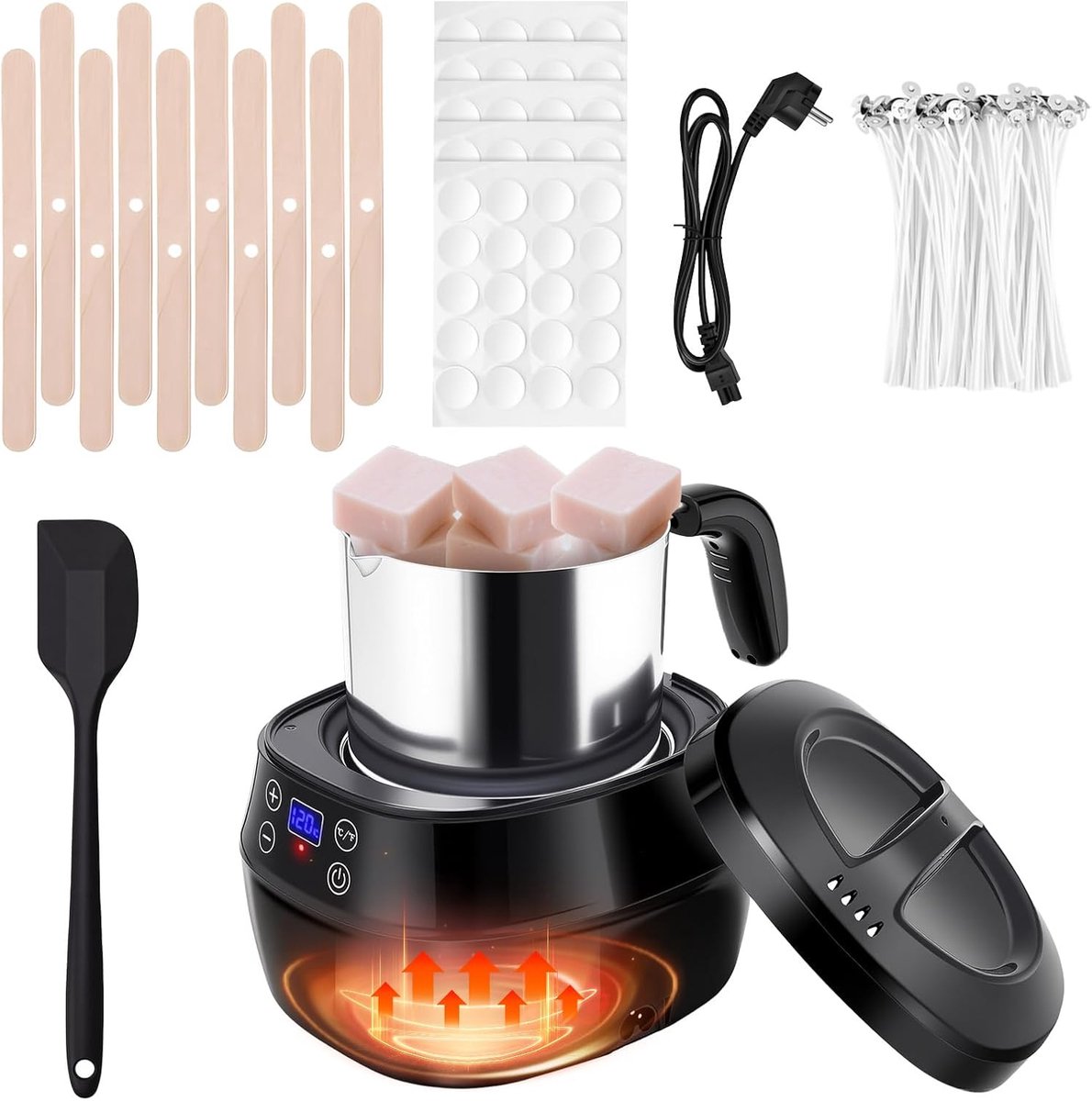 Wassmelter voor kaarsen, 1 l, elektrische waxverwarmer, kaarsenmaakset, met led-display en instelbare temperatuur, met schenktuit, lonten, stickers en roerlepel