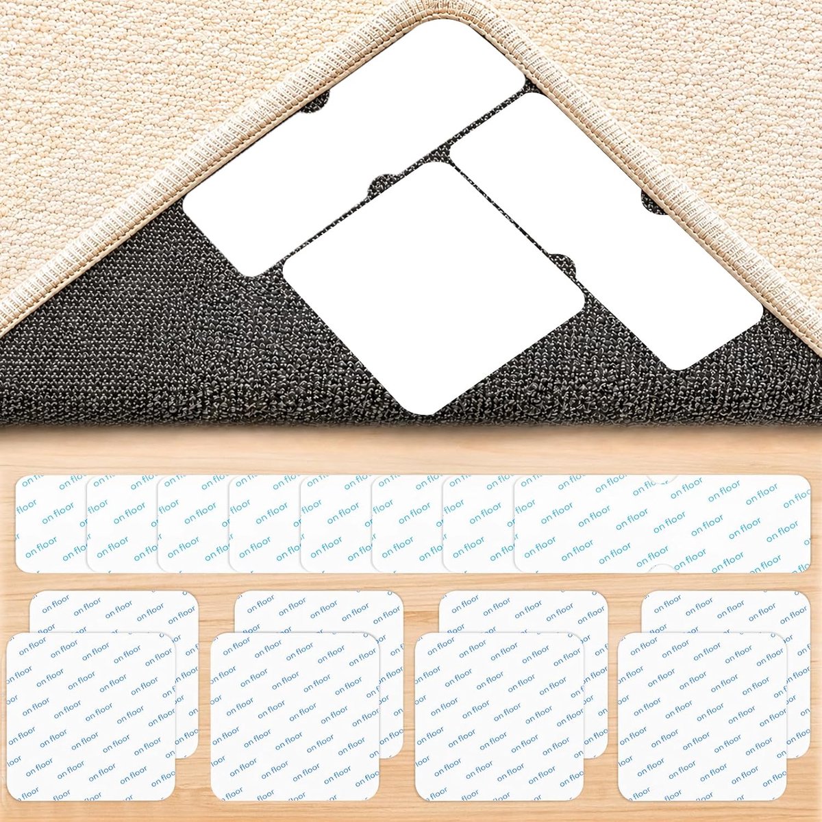 16 stuks antislipmatten voor tapijt, wasbaar, antislip, twee maten, 10 x 10 cm en 15 x 5 cm, wasbaar, herbruikbaar, antislip pads