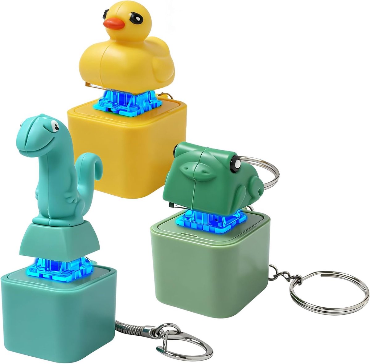 3 stuks eend sleutelhanger kwak, hagedis knop, kwakende kikker sleutelhanger met geluid, eendenkwak, grappige hagedis sleutelhanger geluid, met lichten en geluiden