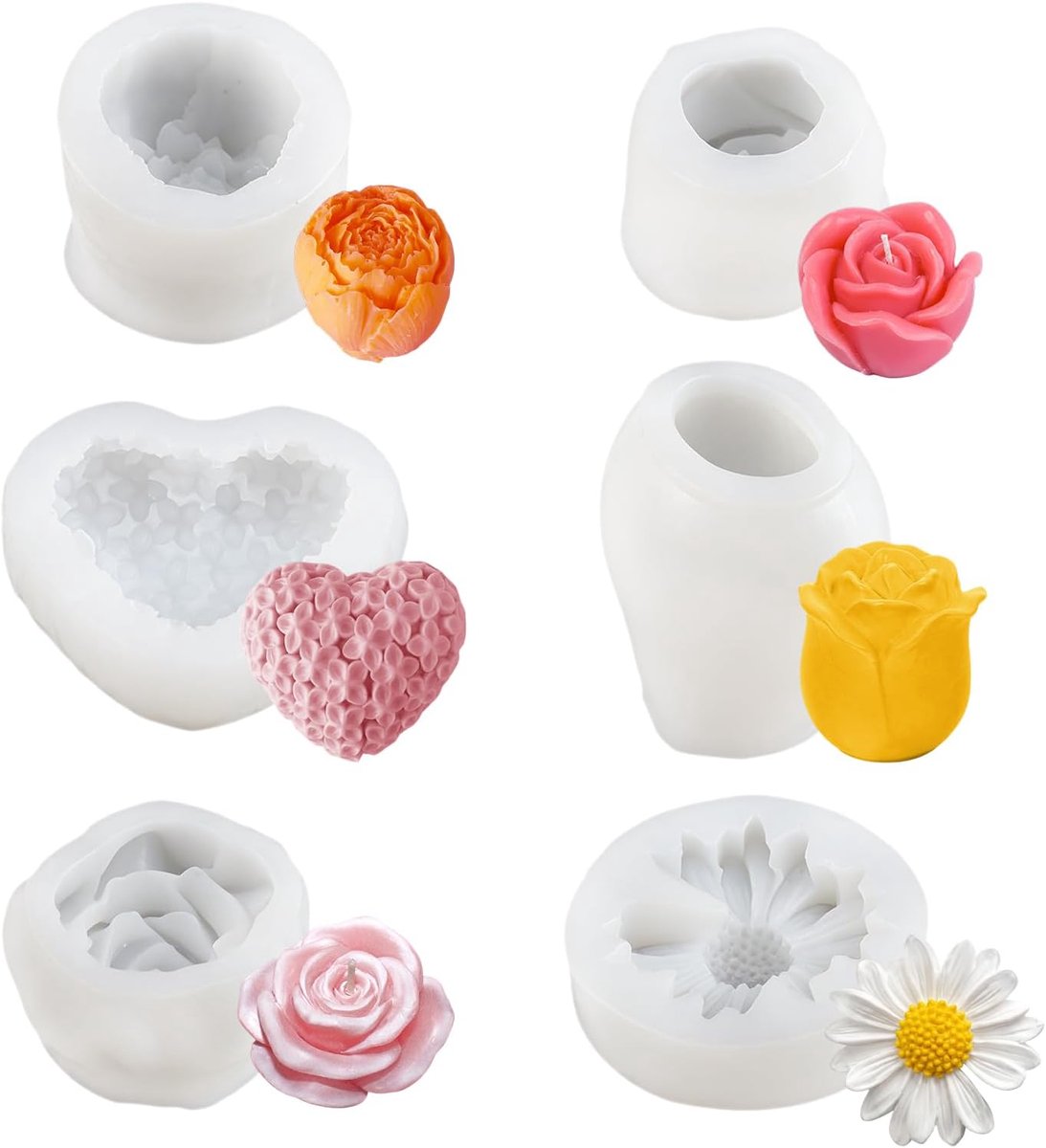 6 Stuks Siliconenvorm Bloemen, 3D Bloem Kaarsvormen, Doe-Het-Zelf-Projecten | Kaarsen Gietvormen Bloemen, Geschikt voor Geurkaarsen, Zeep, Handwerkartikelen en Gebak Zoals Chocolade, Snoep en Gebak