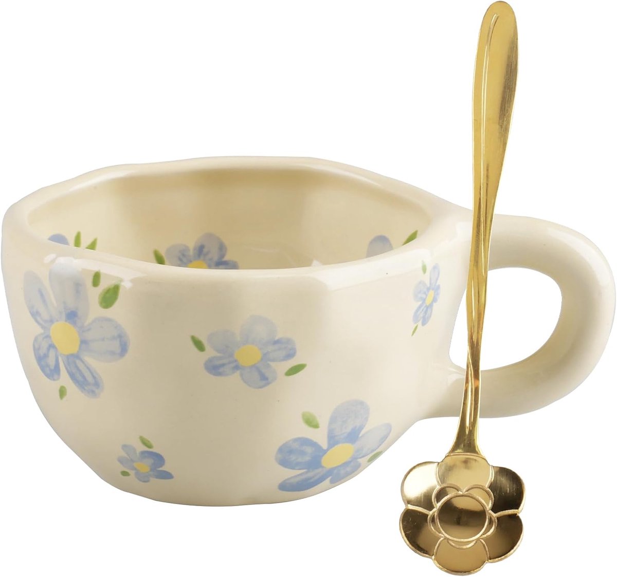 theekop met lepel 250 ml koffiemok schattige kopjes met handbeschilderde bloemen, cadeau voor vrouwen, keramische mokken, creatieve bloementheekop voor cappuccino melk (blauw)