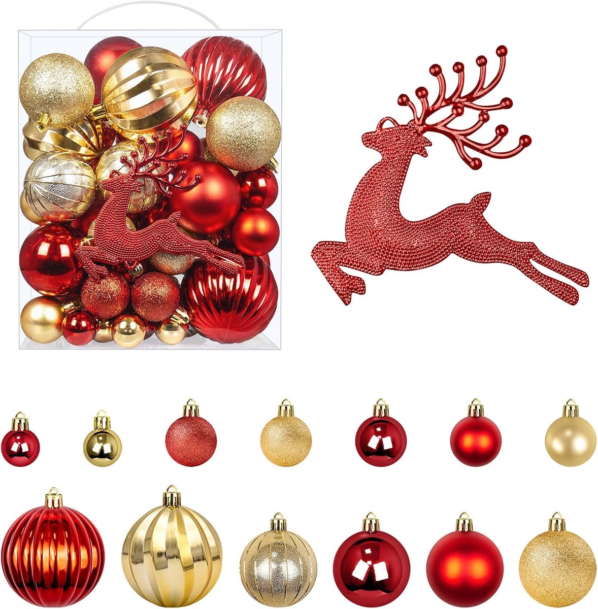 Kerstballen, rood, goud, 50 stuks, set van 50 stuks, rode kerstballen, plastic kerstboomversiering, 20 x 11 x 24 cm, kerstballen, geschenken, kerstballen, rode hert