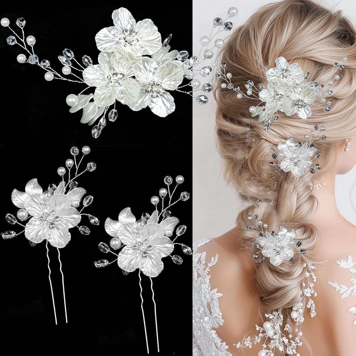 Haarspelden met parels en bloemen, bruidssieraden, haaraccessoires voor bruiloft, gasten, voor vrouwen, bruidsmeisjes, feesten en jubilea (wit)