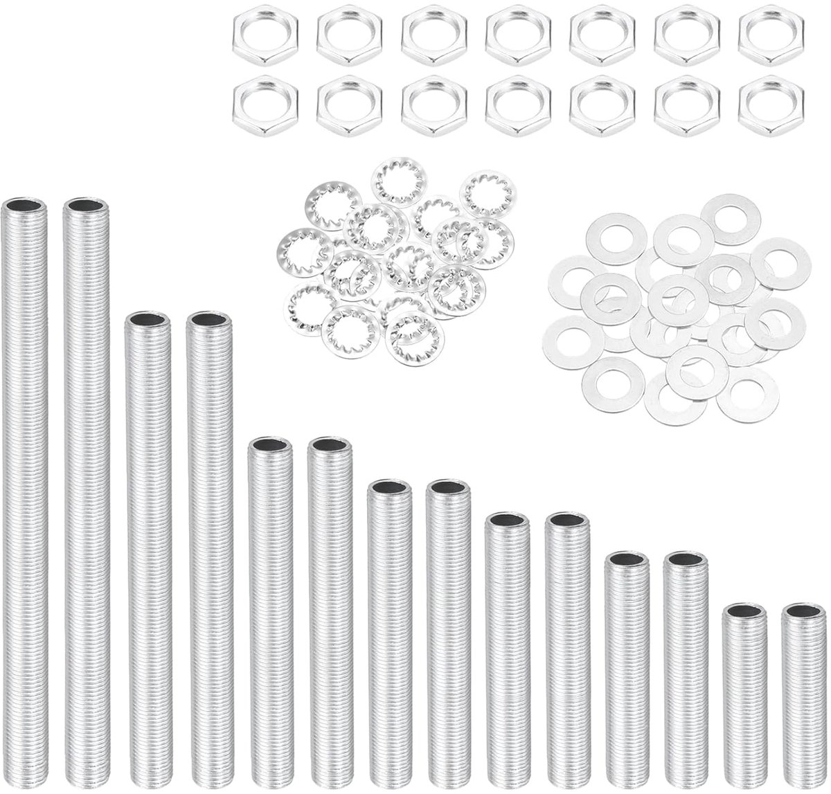 56-delige set buizen voor lamp met zeskantmoeren en sluitringen, 7 maten, schroefdraadbuizen, kabel 1/8 IP, voor reparatie van kroonluchters en plafondlampen, kleur zilver