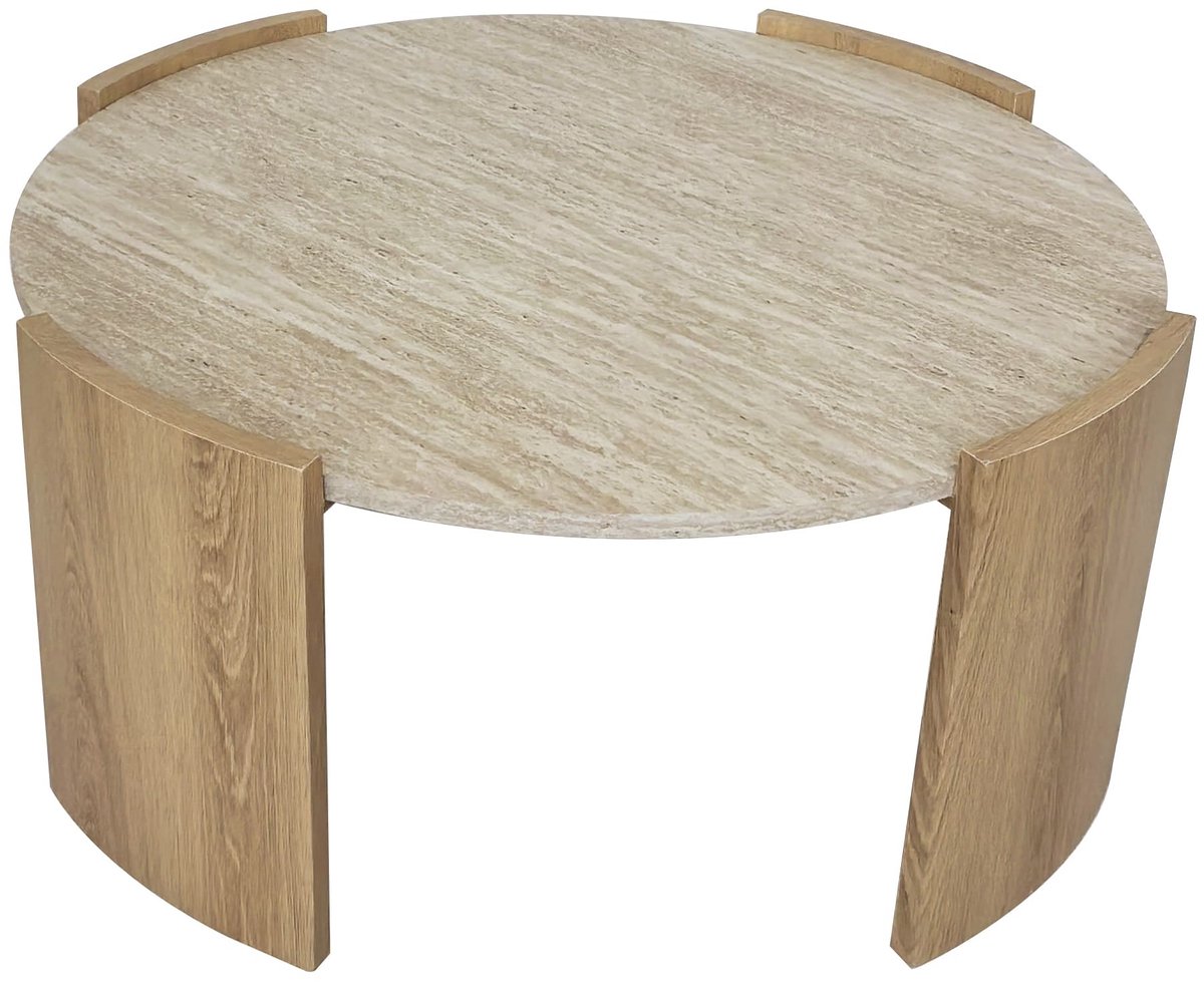 CALICOSY - Ronde salontafel met blad in travertinlook en poten in houtlook Ø80 cm - IZIA