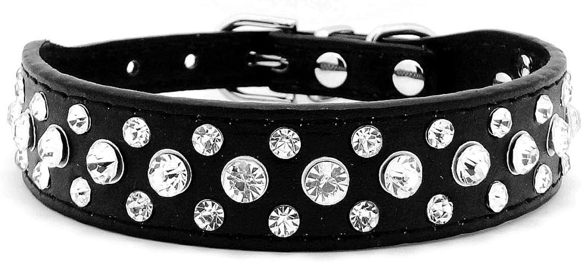 Hondenhalsband van kunstleer met strass-steentjes voor honden en katten, maat S, zwart