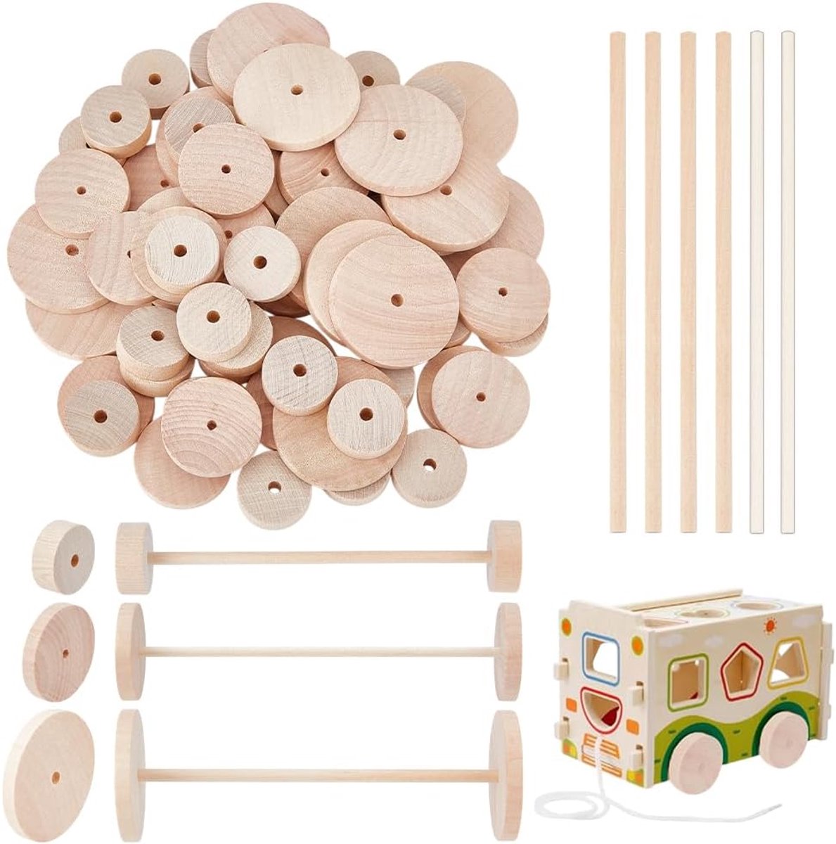 66 stuks houten knutselwielen, 33 stuks, houten staven, 28 mm, 38 mm, 50 mm, natuurhouten wielen, onbehandeld houten wiel, platte ronde wielen, staafset voor doe-het-zelf modelauto's