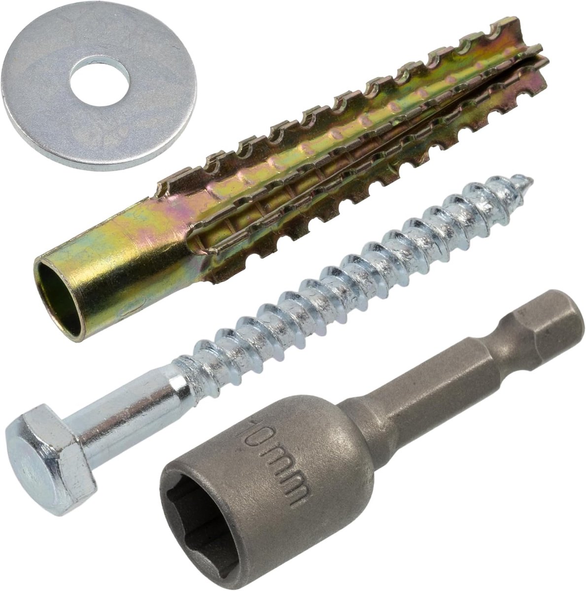 - Set van 15 metalen expansiepluggen met externe vertanding Ø8x60 mm kleur goud + 15 houtdraadbouten Ø6x60 mm gedeeltelijke schroefdraad + 15 brede ringen voor M6-bout + zeskantsleutel SW10