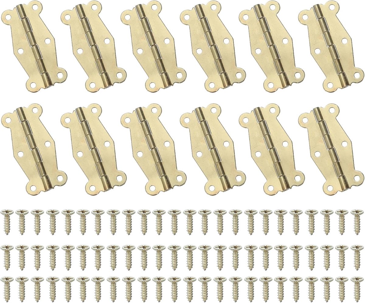 Scharnieren, 5 cm, 180 graden, vlinderscharnieren, decoratieve scharnieren, sieradenkastbeslag met schroeven, voor kast, houten box, lade (goudkleurig, 12 stuks)