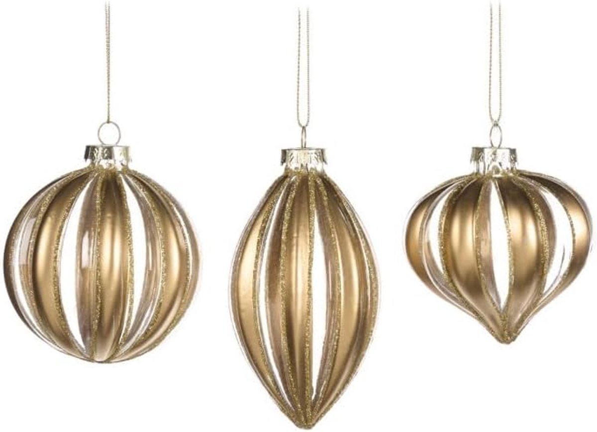 Kerstbal glas D 8 cm - goud gestreept - set van 3 - sfeervolle decoratie - SnelShoppen