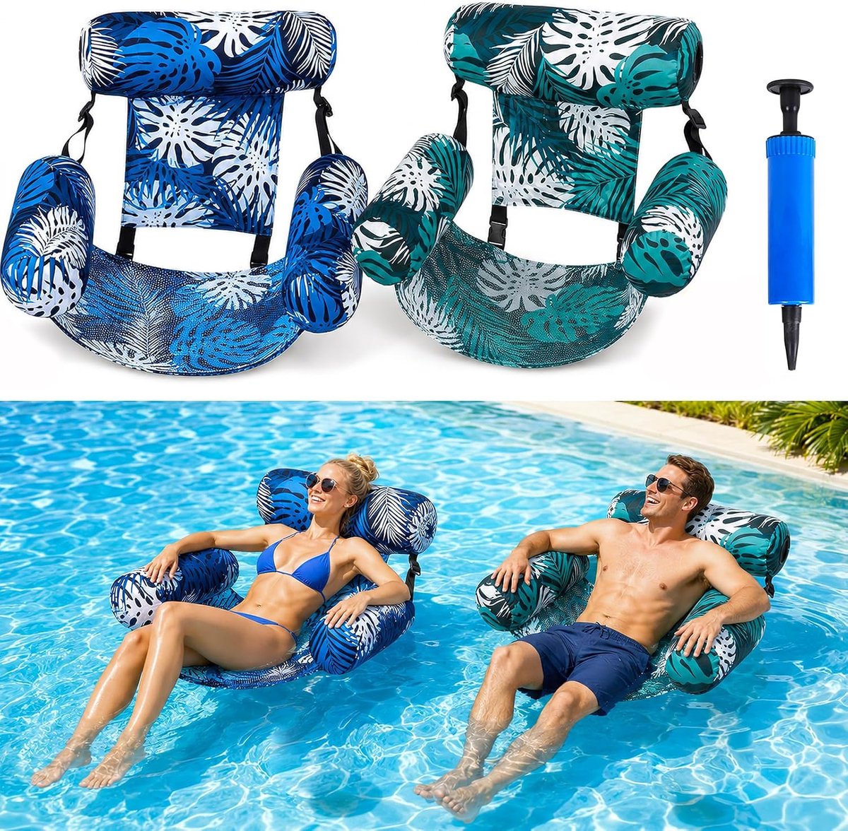 hangmat, opblaasbaar, zwemzitje voor volwassenen met 3 kussens, zwembadligstoel voor zwembad, luchtmatras, zwembadaccessoires, meer, strand, max. 150 kg, incl. handpomp