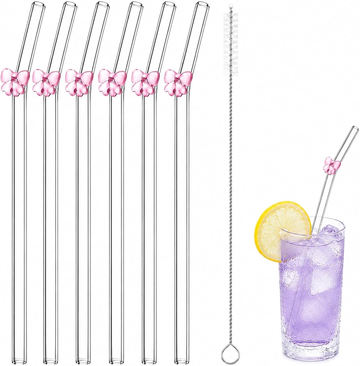 6 stuks glazen rietjes met motief, glazen rietjes, herbruikbare rietjes van borosilicaatglas, inclusief rietjesborstel, ideaal voor smoothies, sappen en cocktails