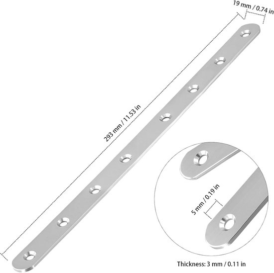 16 stuks platte connectoren van roestvrij staal, 293 x 19 mm zilveren geperforeerde platen met 128 stuks M4-schroeven, 5 mm gatdiameter houten connector metaal voor meubels, houten — afbeelding 4