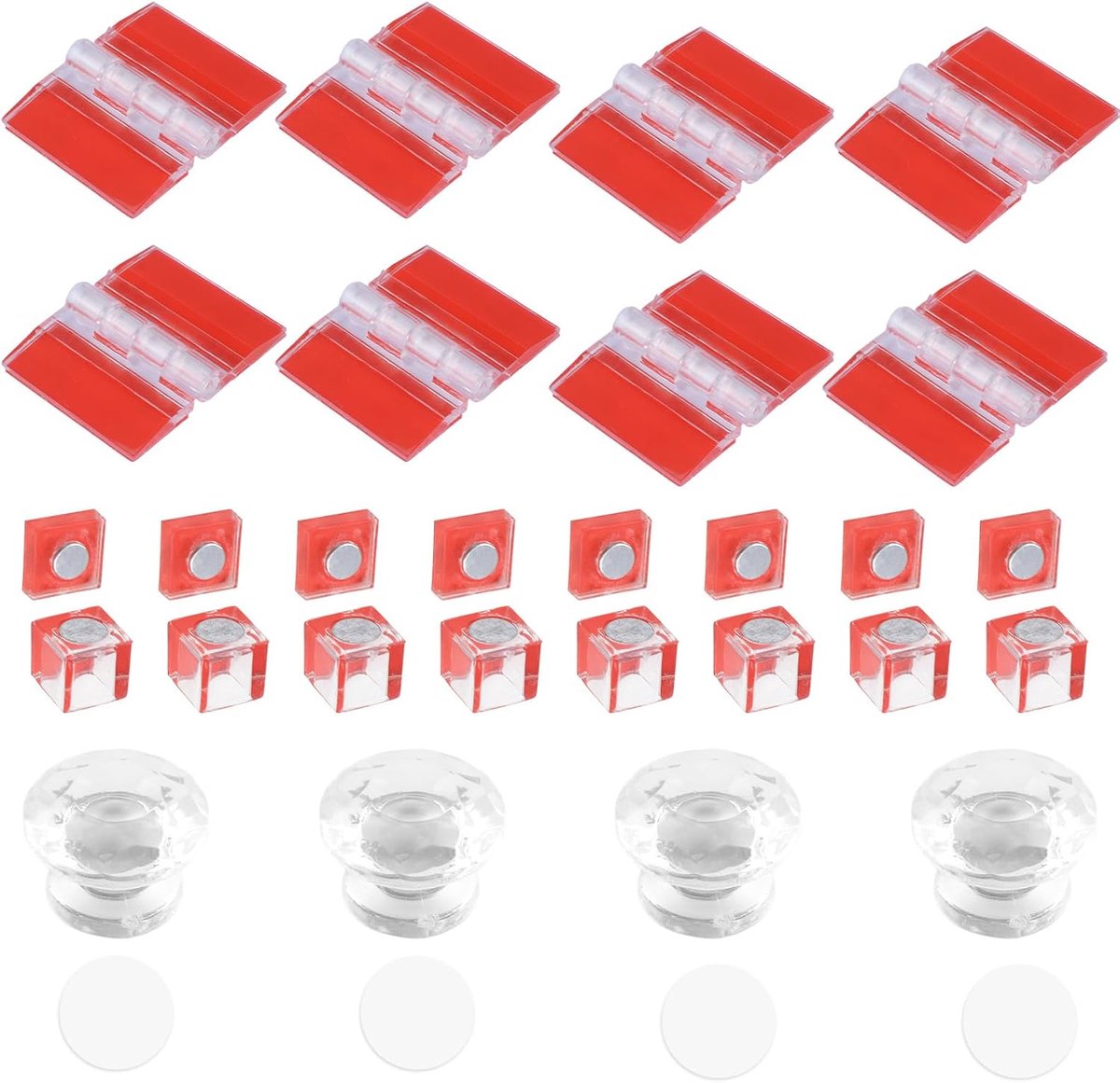 vitrine accessoires acryl vitrine doos deur montage/vervangende onderdelen inclusief 8 stuks kleine scharnieren, 8 stuks magnetische vangsten, 4 stuks ronde knoppen