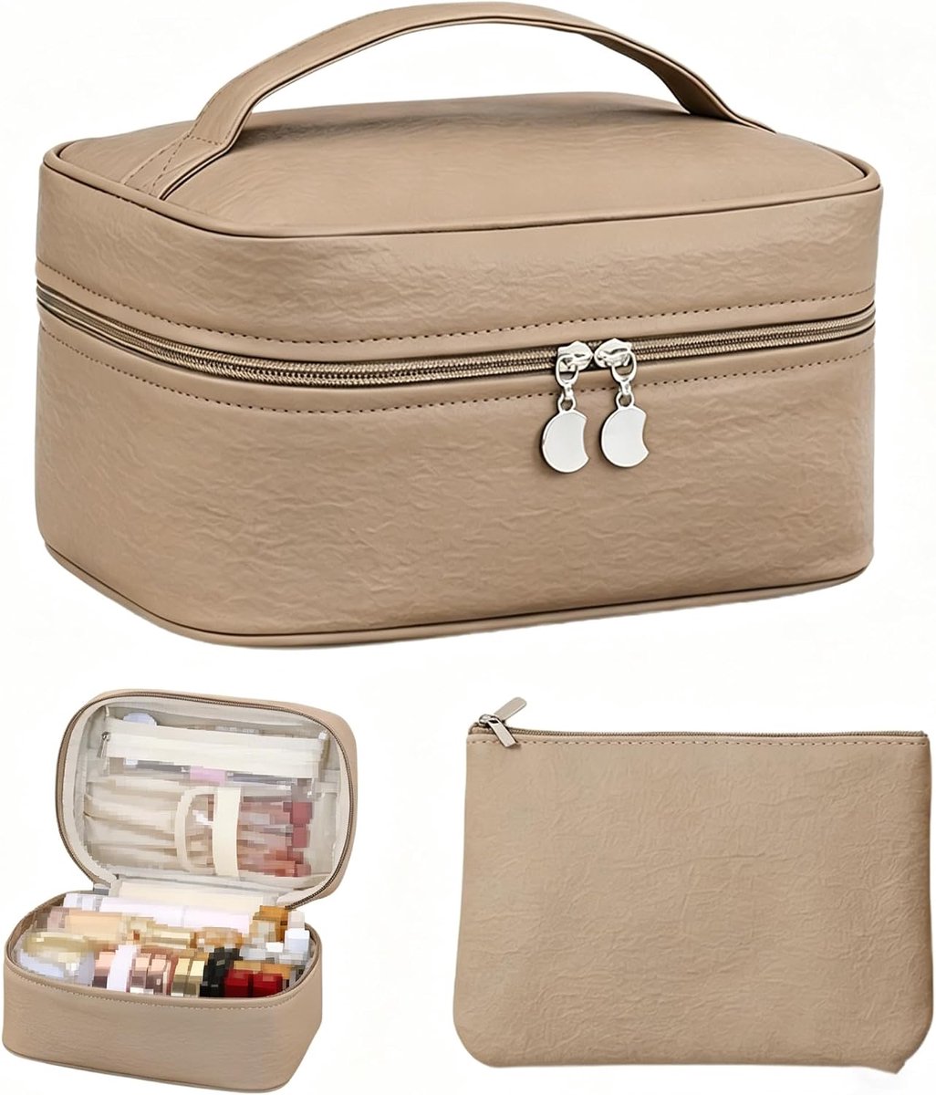 2-in-1 Grote Make-up Tas met Compartimenten – Reis Make-up Tas met Afneembare Pouch voor Dames, Luxe Cosmetica Organizer, Donkerbruin