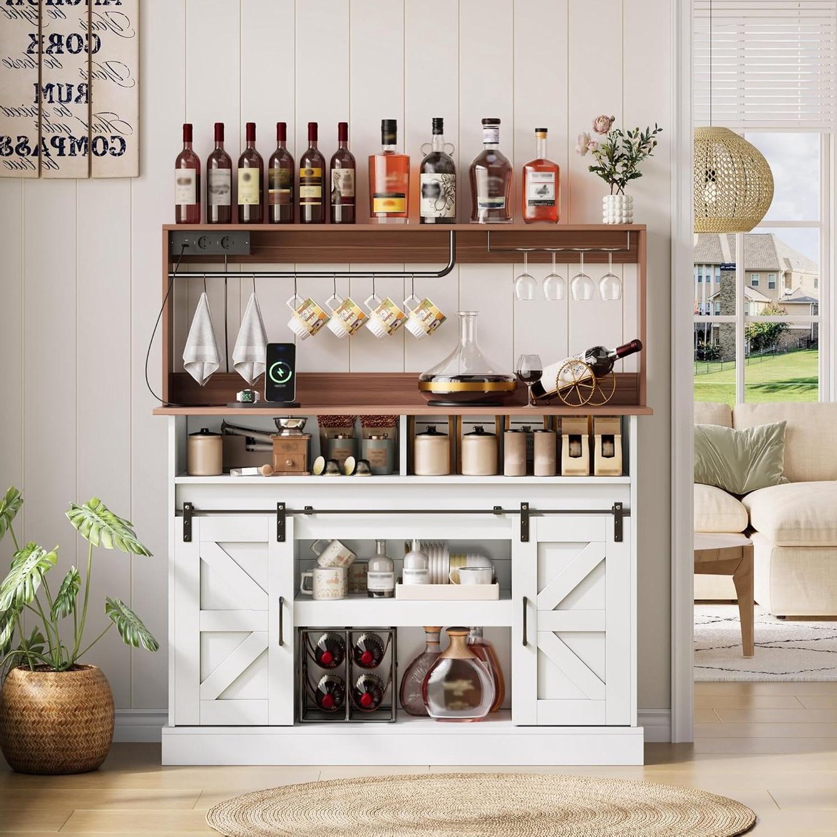 Koffiebar Dressoir - Buffetkast Keuken - Dranken Serveren - Geïntegreerde Stopcontacten - 120 cm Breed - Wit