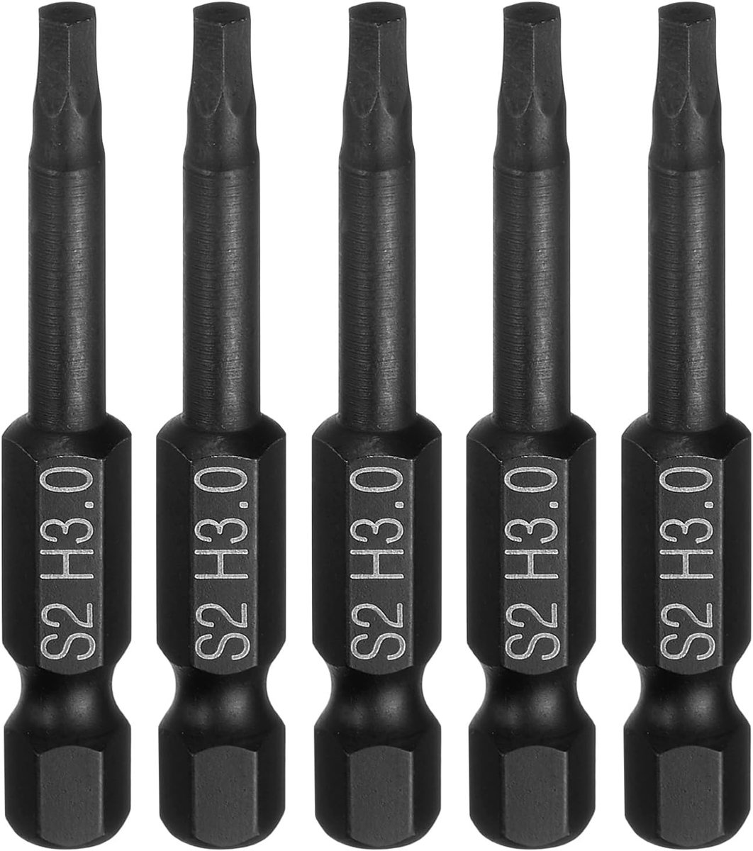 5 stuks platte zeskantbits H3.0 (3 mm), magnetische punt, zeskantschacht, 1/4 inch, lengte 50 mm (2 inch), S2-staal, bits voor zeskantschroeven, metrisch, steeksleutel, zwart