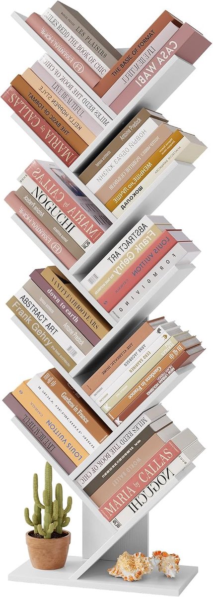 Boomboekenplank met 10 niveaus, boekenkast met 10 planken, vrijstaande boomboekenkast, staande staande plank voor boeken, boekenplankorganizer, wit