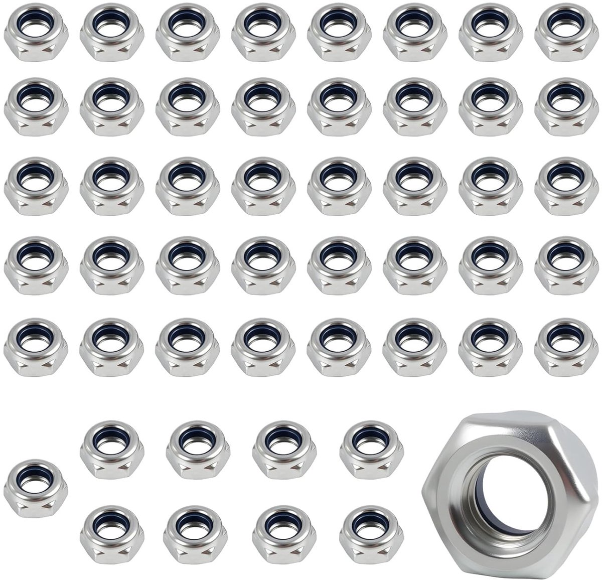 Set van 50 stuks M6 zelfborgende zeskantmoeren van verzinkt staal, DIN985 met nylon inzetstuk, losraken voor metalen constructie en reparaties.