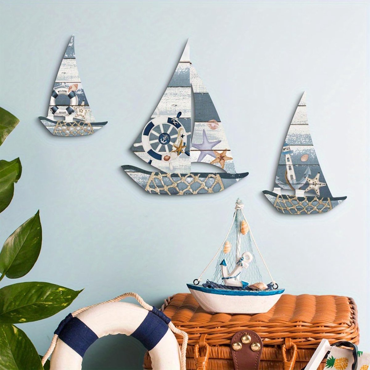 3 stuks zeildecoratie strandwanddecoratie, stranddecoraties thema, doe-het-zelf nautische decoratie, nautische muurkunstornamenten, kust muurkunst voor thuis, slaapkamer, woonkamer