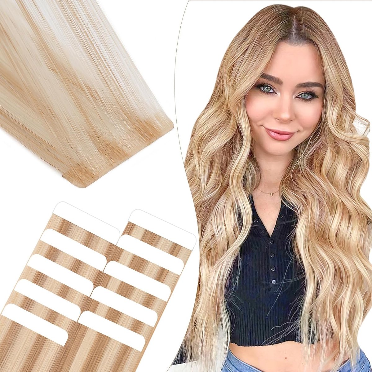 Tape Om Het Echte Haar Te Verlengen #27/613 Honingsblond + Licht Blond, 10 Stuks Onzichtbare Lijm Voor Haar 20g, 25 Cm Gestikt Onzichtbaar Haar Glad