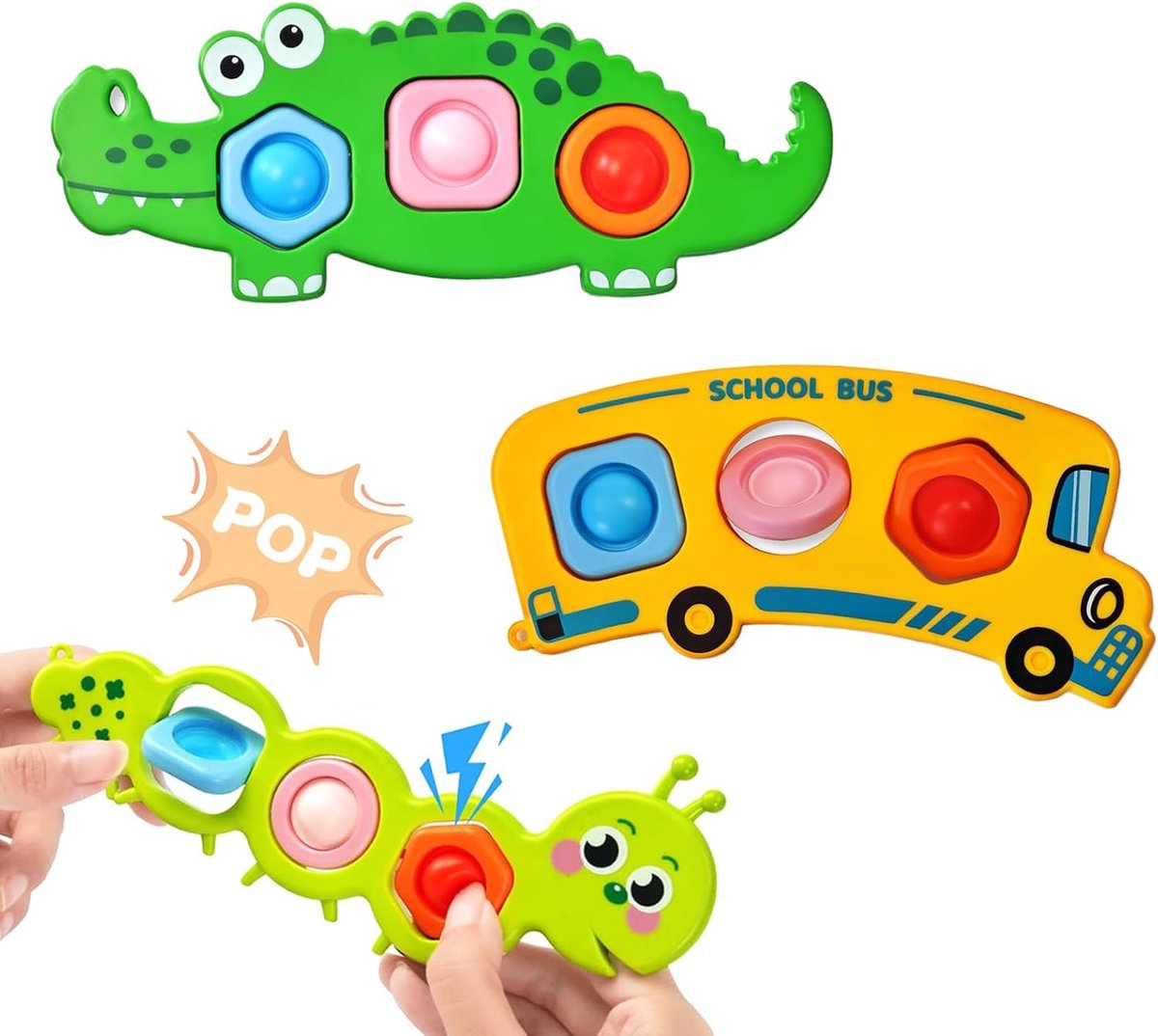 Pop It speelgoed voor baby's vanaf 10 maanden, dinosaurus, schoolbus en chenille, Montessori-speelgoed, fijne motoriek, anti-stress, reisspeelgoed voor jongens en meisjes