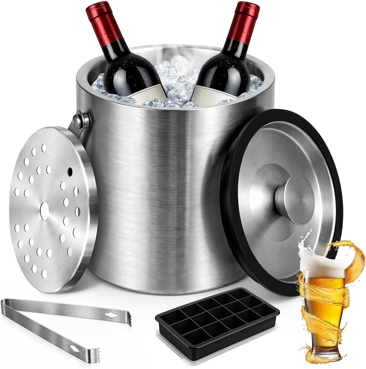 IJsblokjeshouder met deksel, roestvrij staal met clips en zeef, ijsblokjesvorm van siliconen, draagbare ijsemmer, perfect voor het koelen van bier, champagne en wijn