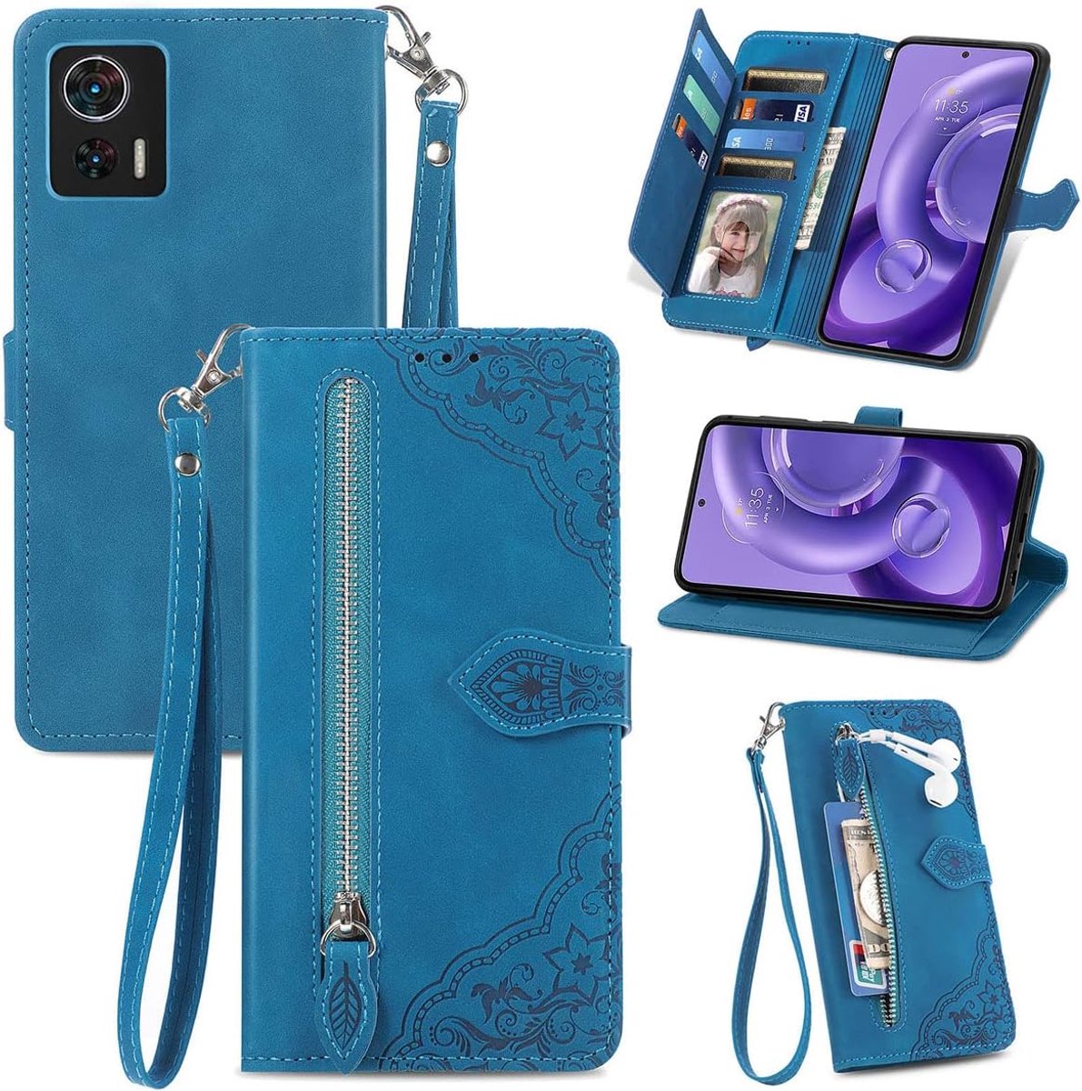 Flip hoesje compatibel met Motorola Moto Edge 30 neo, PU-lederen portemonneehoesje met rits, portemonneehoesje met flipcase, telefoonhoesje met TPU hoesje en kaarthouder multifunctioneel hoesje