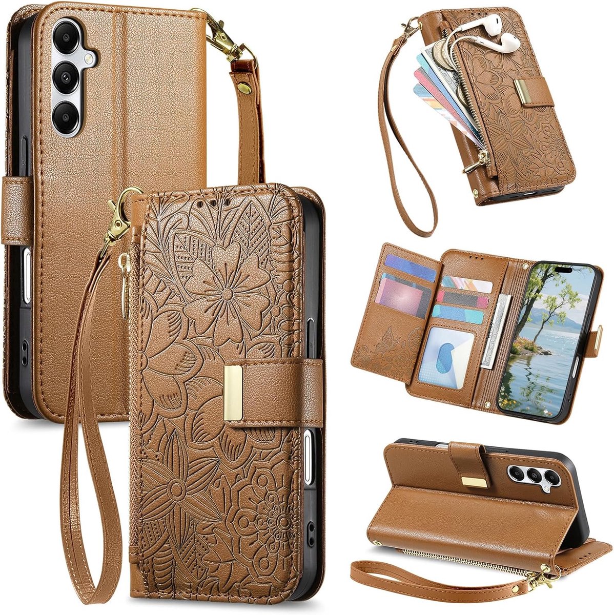 Telefoonhoesje voor Samsung Galaxy A16, PU-lederen opvouwbare standaardfunctie, magnetisch klaphoesje met kaartzak en rits, portemonneehoesje met patroon - bruin