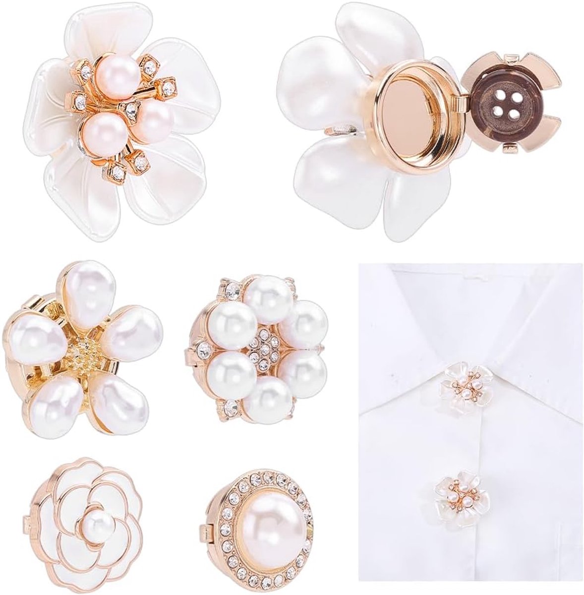 10 stuks 5 stijlen parel bloem knop covers, herbruikbare decoratieve strass bloemen knop covers vervanging geen naaien mouw kleding knopen clips voor vrouw trouwjurken smoking blouses