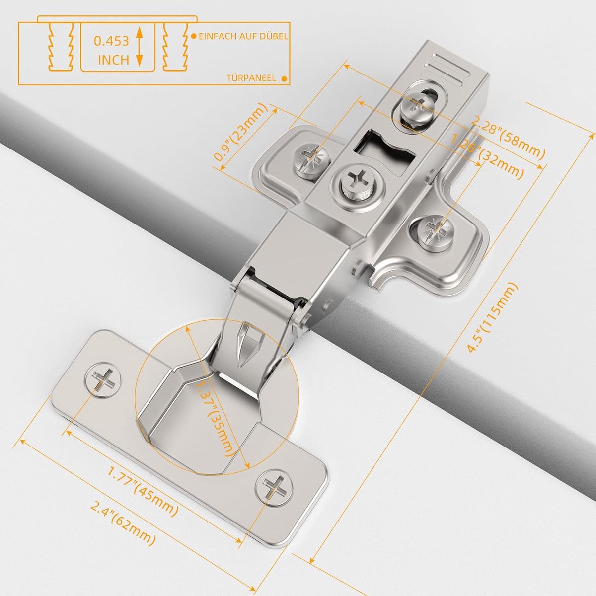 Scharnieren, openingshoek 110° met hydraulische veer, perfecte softclose keukenkastscharnieren, boorafstand 45 mm, voor kledingkast, keukenkast