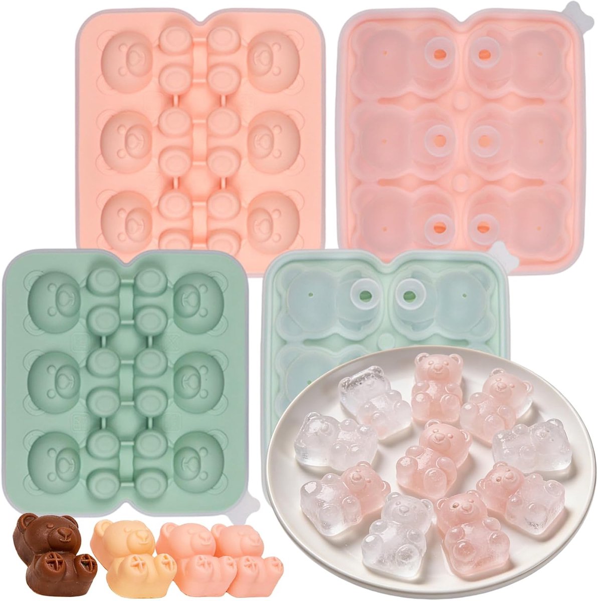2-Pack Grote Siliconen IJsblokjesvorm met Grappige Berenontwerp, Ice Cube Tray met Deksel, BPA-vrij, Gemakkelijk te Verwijderen, voor Whisky, Cocktail, Bier, Koffie, 6 Gaten