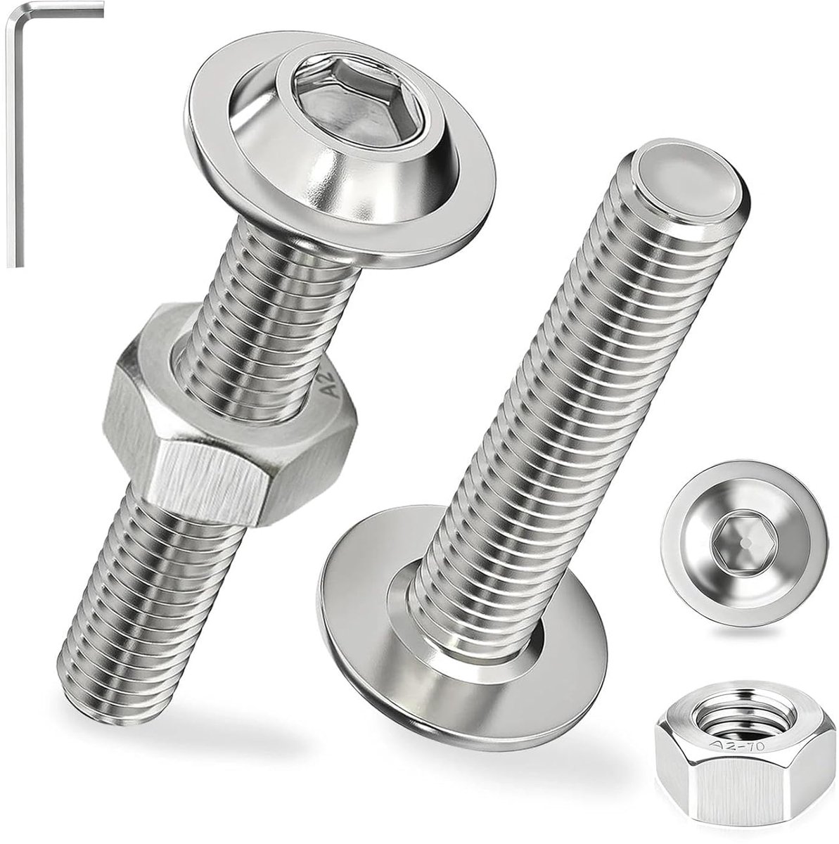 Platte kopschroeven roestvrij staal, 20 sets M8 x 30 mm schroeven lenskopschroeven binnenzeskant met moeren en flens A2 V2A metrisch volledige schroefdraad voor houten meubelmontage