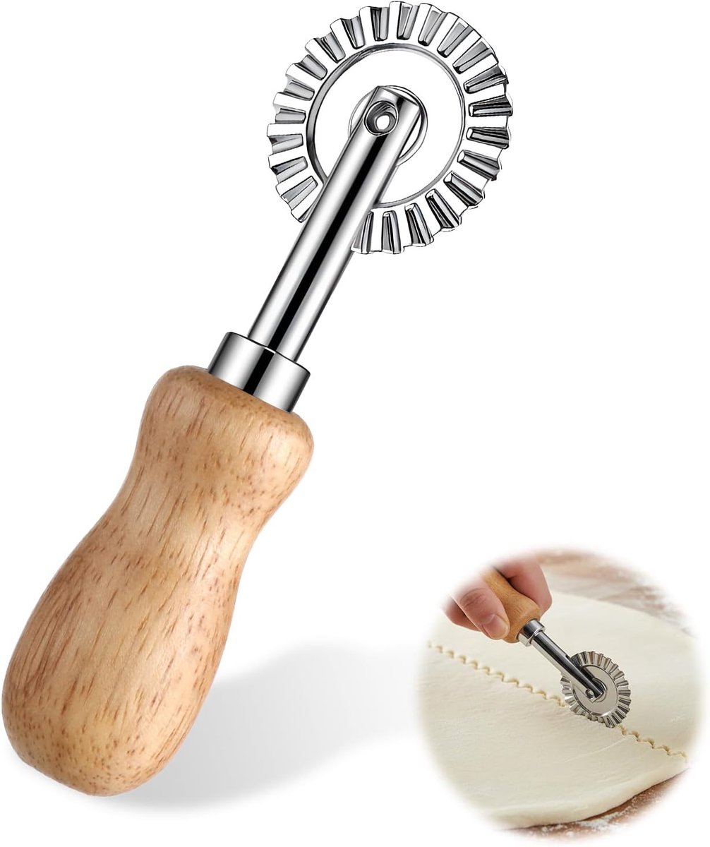 Deegsnijder, deegsnijder met houten handvat, gegolfd snijwiel, professionele deegsnijder van zinklegering voor keuken, banketbakkerij, pizza