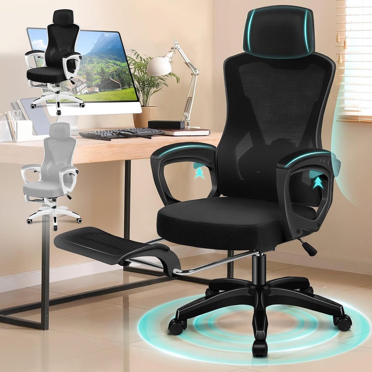 Ergonomische bureaustoel - Comfortabele werkstoel - Thuiswerken studeren - Verstelbare lendensteun - 68x68x129 cm - Zwart