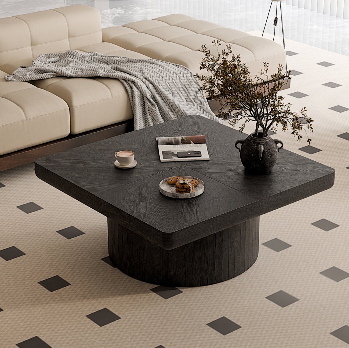 COVREO Salontafel 78x78x38 cm zwart, houtfineer met parquet patroon
