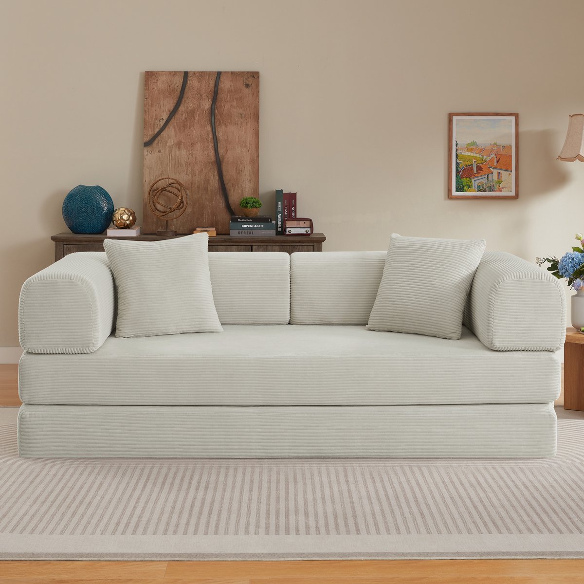 STILVORA Slaapbank 3 Zits 204 Cm Met 2 Kussens En Stalen Frame Voor Woonkamer En Slaapkamer Van Corduroy Beige