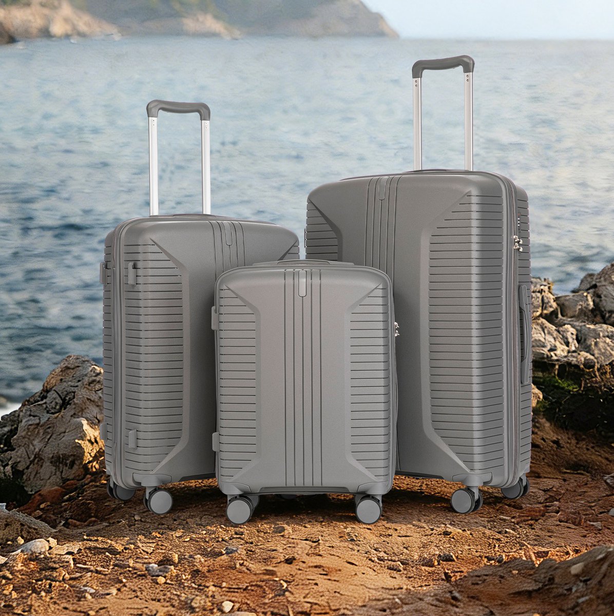 COVREO Kofferset 20 24 28 inch, zilver, PP hardcase met cijferslot en wielen
