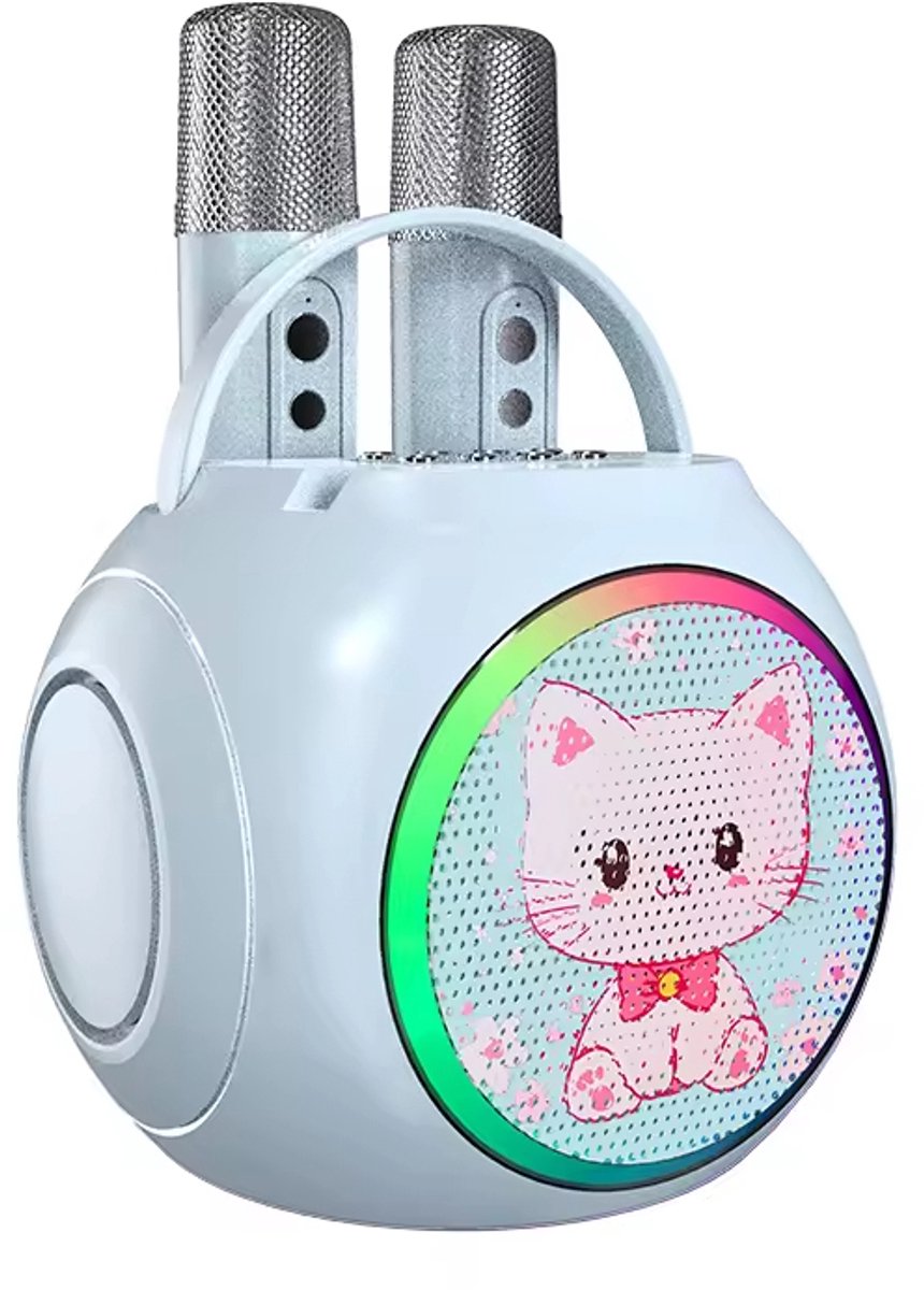 Kitty Beat Kids Karaokeset – 10W Bluetooth Speaker – 2 Draadloze Microfoons – RGB Verlichting – Blauw