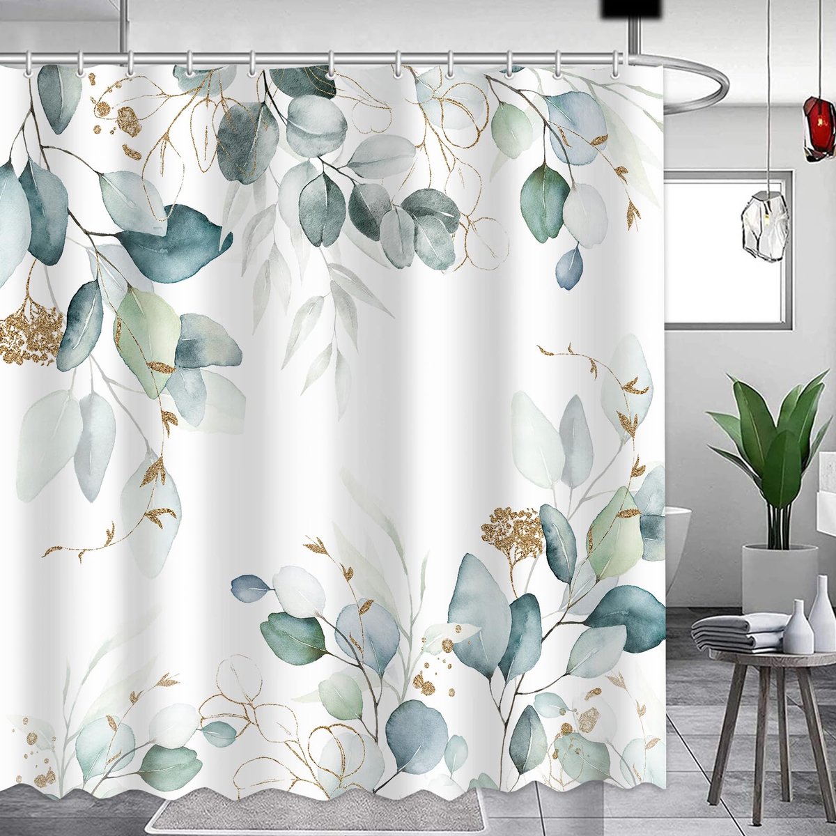 Douchegordijn, 180 x 180 cm, met eucalyptus-bladeren, groen, waterdicht, sneldrogend, afwasbaar, douchegordijn, badstof, badgordijn met 12 haken