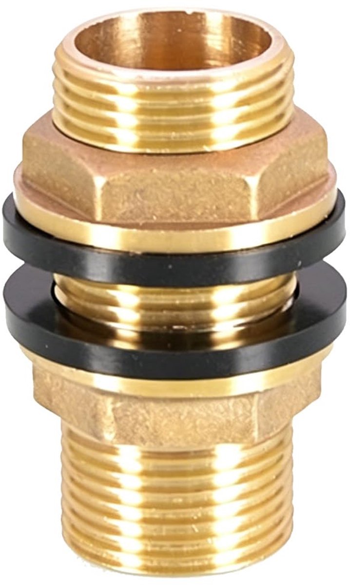 Tankdoorvoer 3/4 Inch Buitendraad Dubbelzijdig, met 2 Rubberen Ringen, voor Regenton, Watertank en Cisterne, Goudkleurig