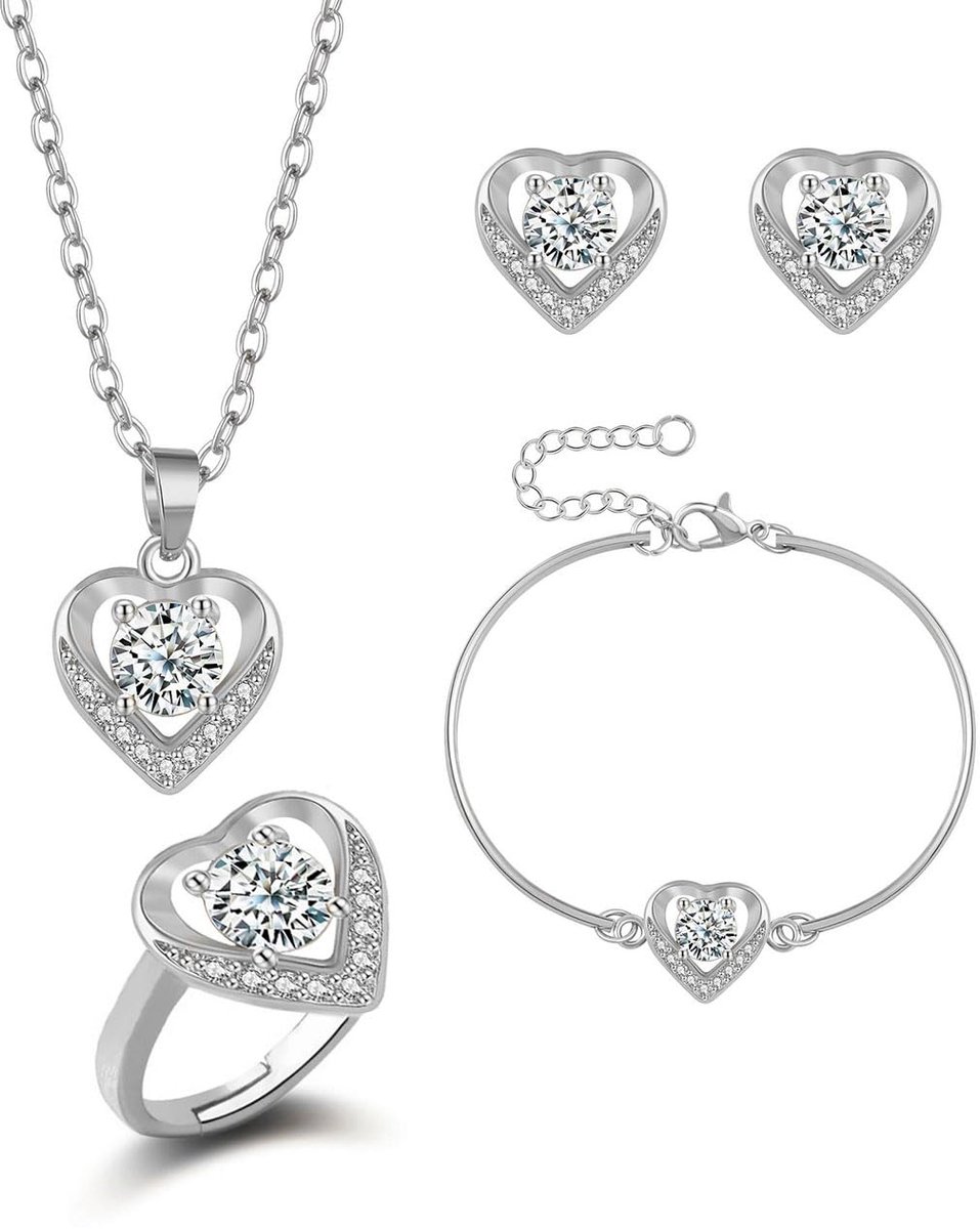 Sieradensets dames, 4-delige sieradenset hart hanger ketting armband ring oorbel set zirkonia glanzend, hart kettingen verstelbare lengte sieraden vrouwen meisjes, zilver