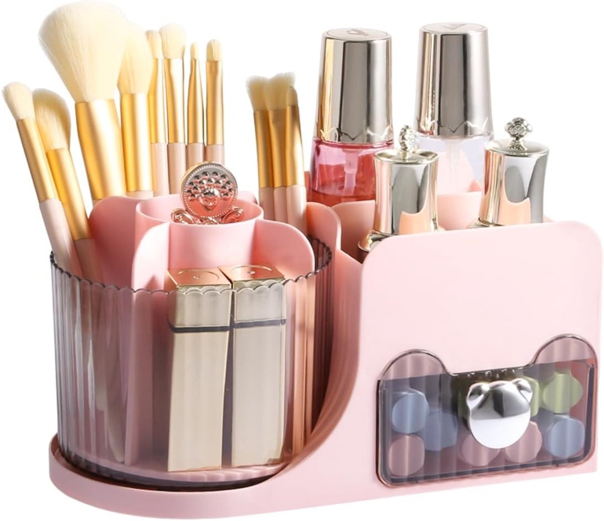 Draaibare make-up-organizer met borstelhouder en laden voor cosmetica, ideaal voor make-uptafel en badkamer (roze)