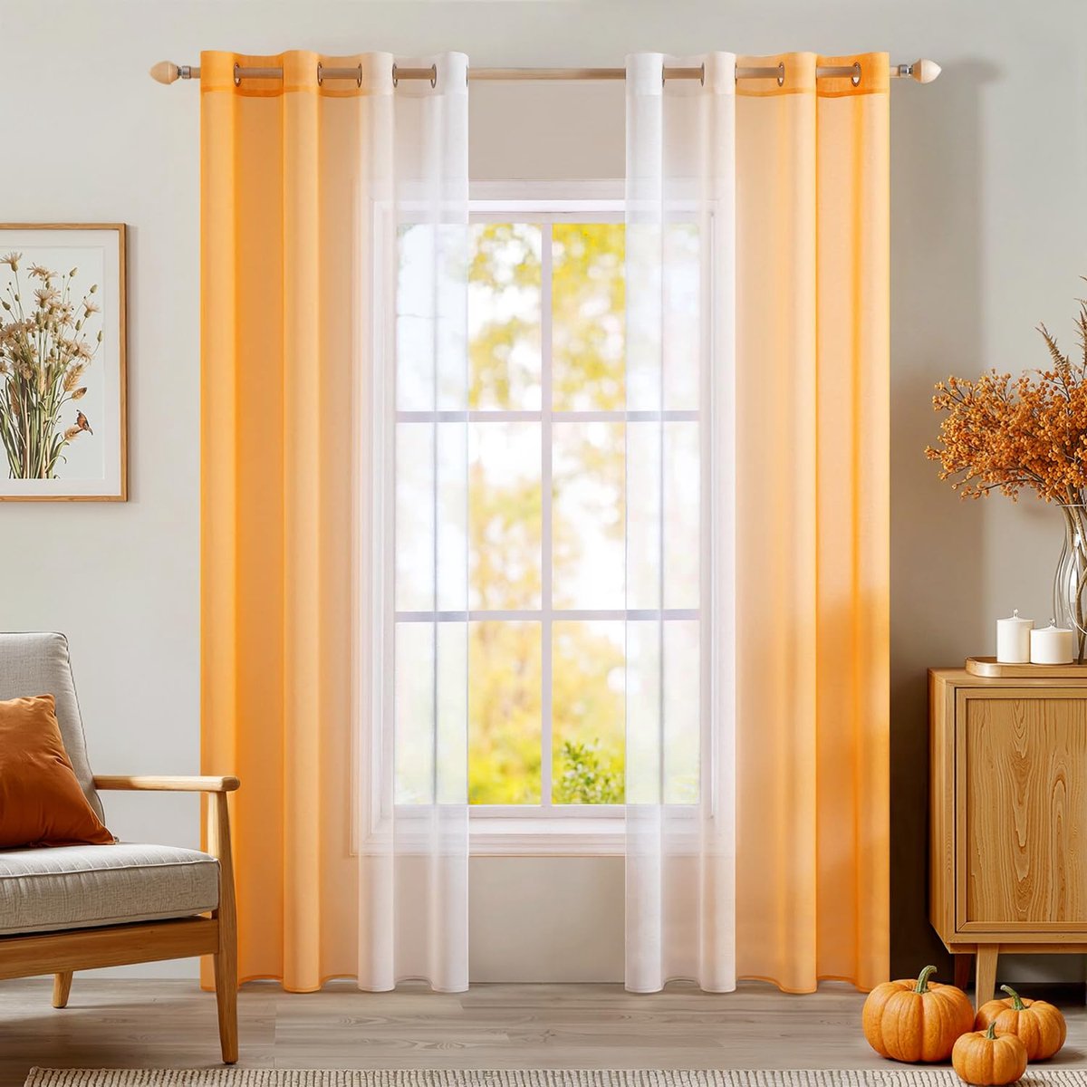 Gordijn, 2 gordijnen met oogjes, voor binnen, raam, van polyester, kleur, transparant, decoratie voor woonkamer, slaapkamer, kantoor, wit met oranje, 140 x 225 cm