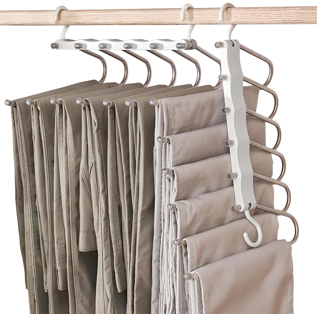 6-In-1 Broekhanger, Ruimtebesparend, Kledinghanger Van Roestvrij Staal, Uittrekbaar, Broekhouder Voor Kledingkast, Magische Hanger, Sjaals, Jeans, Kleding (1, Wit)