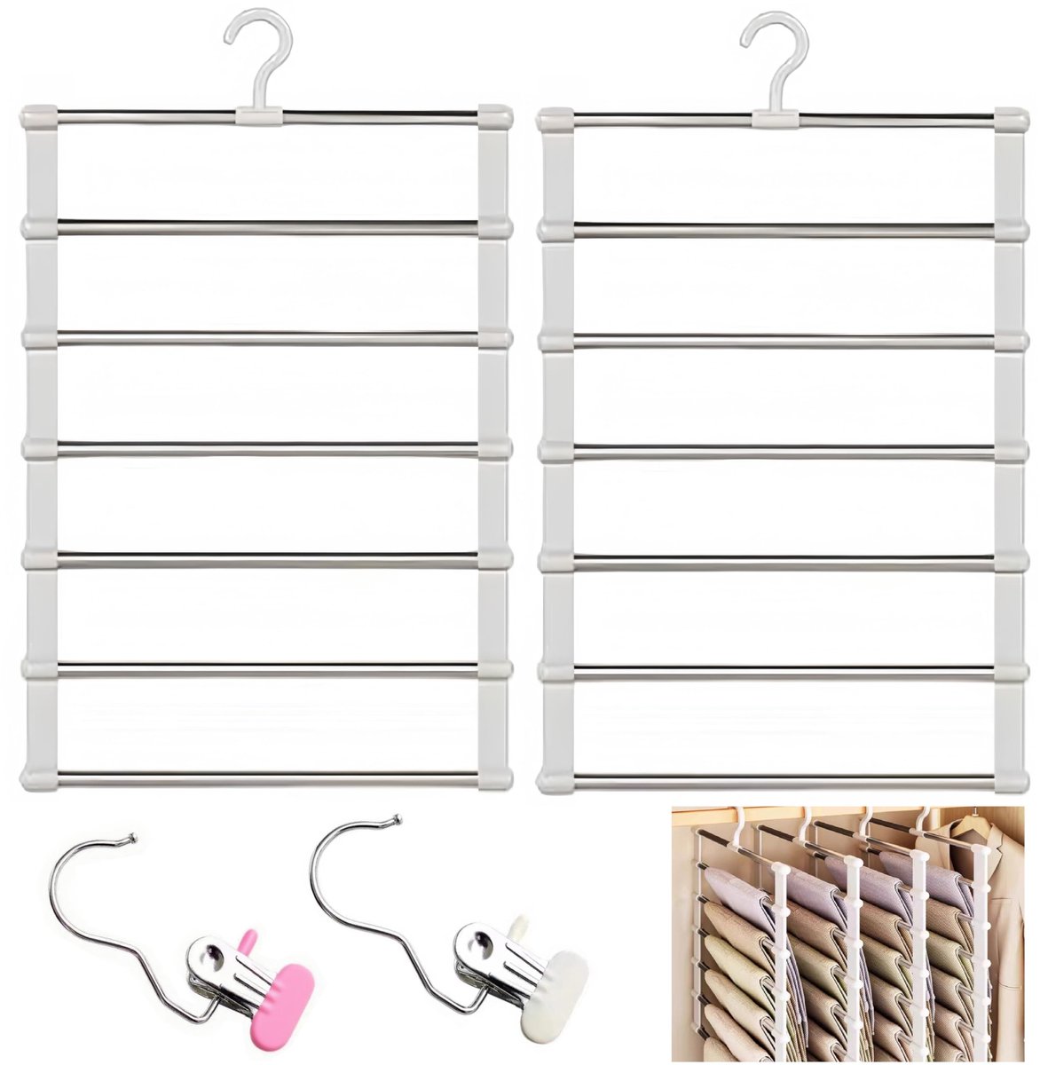 ruimtebesparend, 2 stuks, 6 etages, roestvrij staal, kledinghangers met 2 wasknijpers, bespaart tot 80% ruimte in de kast, voor broeken, rokken, sjaals, handdoeken, lakens
