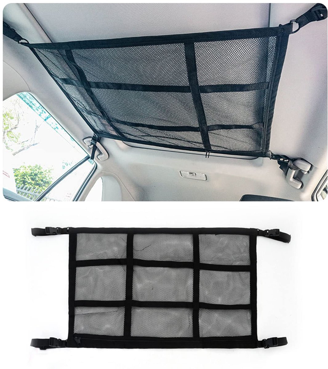 Bagagenet, dak-organizer voor SUV's, bestelwagens, kofferbak met vier armleuningen, campingaccessoires voor auto's en lange reizen (90 x 65 cm)